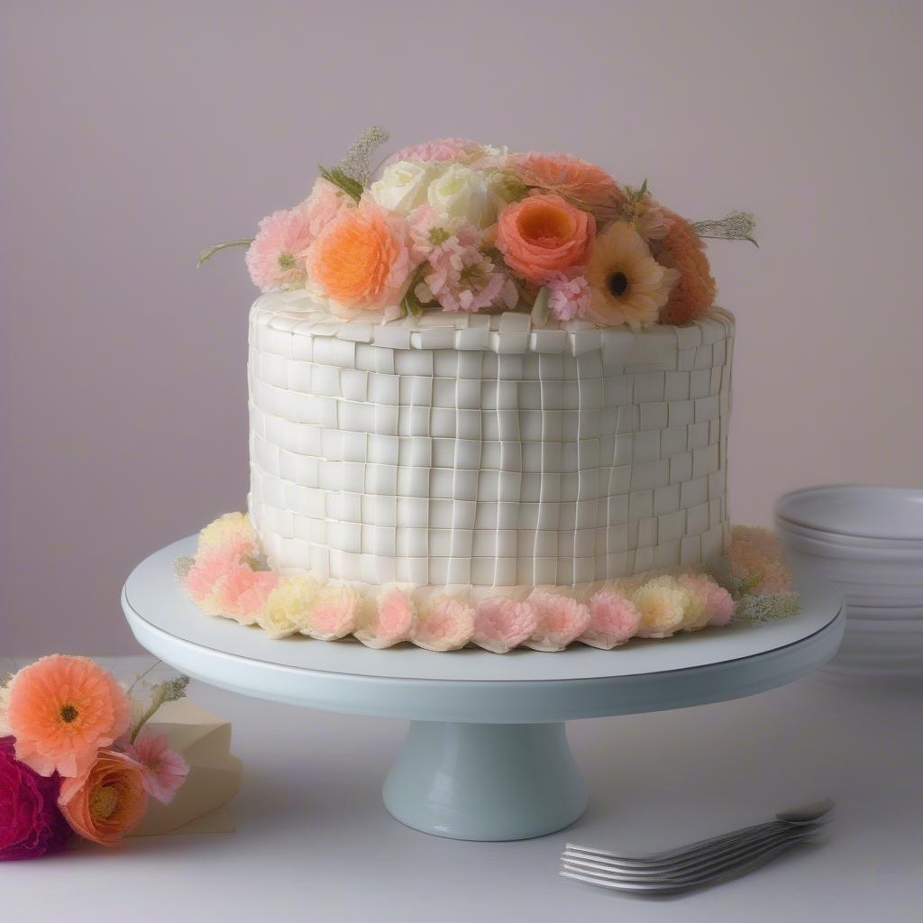 A beautifully decorated cake featuring a perfect basket weave border.