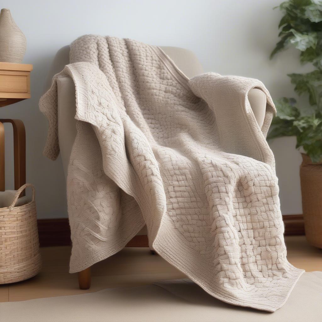 A finished basket weave crochet blanket draped over a chair, showcasing the overall texture and drape of the finished project.