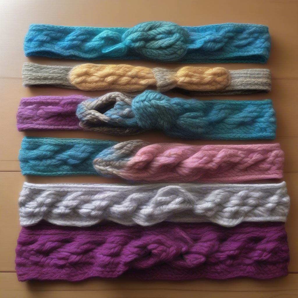 Several completed basket weave crochet headbands in different colors displayed on a table.