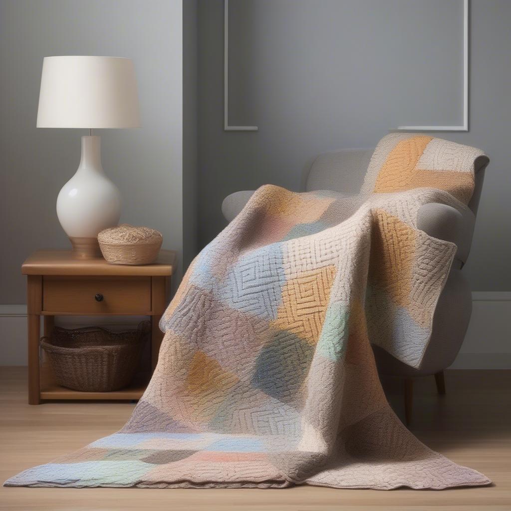 A completed basket weave crochet patchwork blanket draped over a chair, showcasing the vibrant colors and cozy texture.