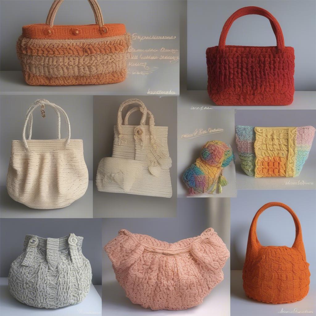 Examples of finished basket weave crochet purses in different styles, colors, and with various embellishments.