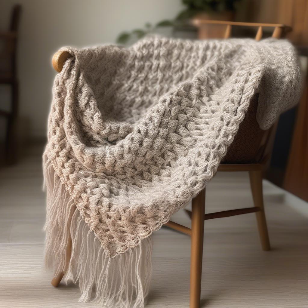 A completed basket weave crochet scarf draped over a chair, showcasing its cozy and inviting appearance.