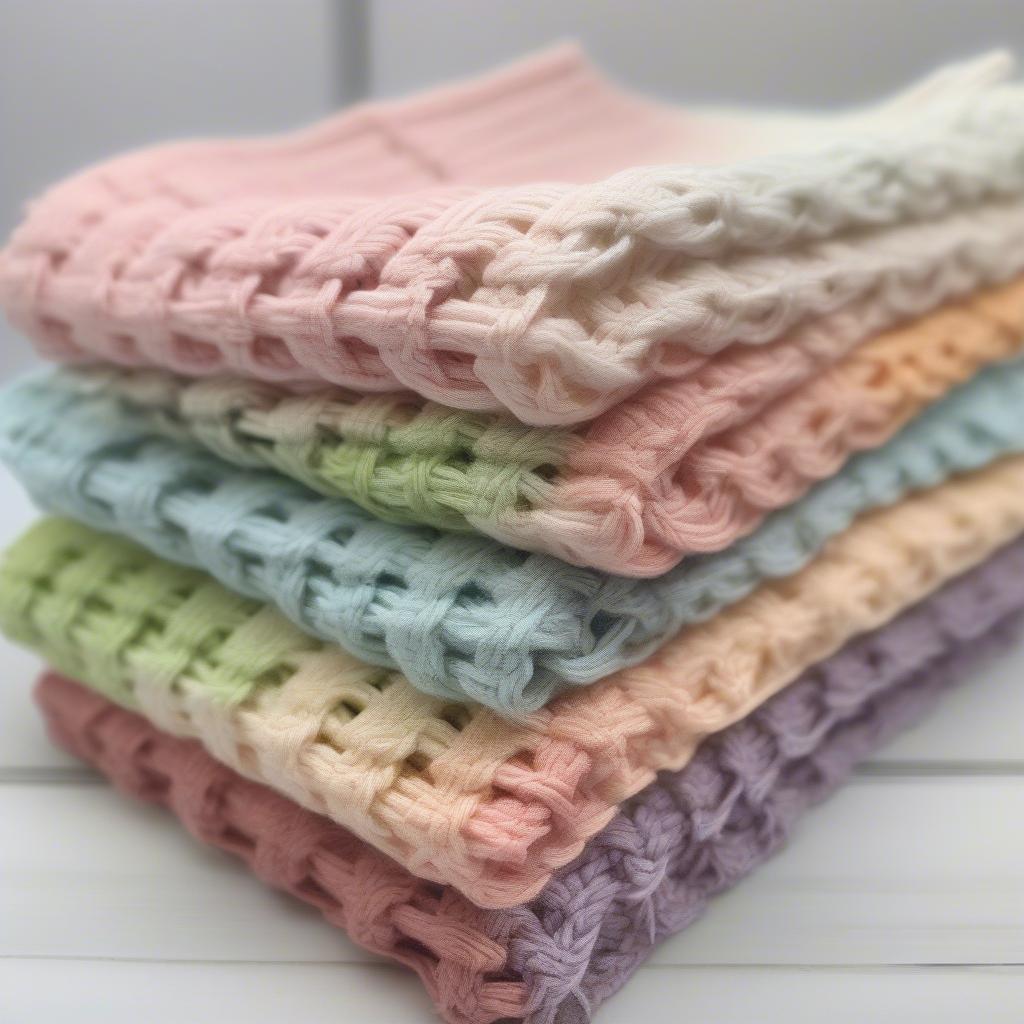 A stack of finished basket weave dishcloths in various colors