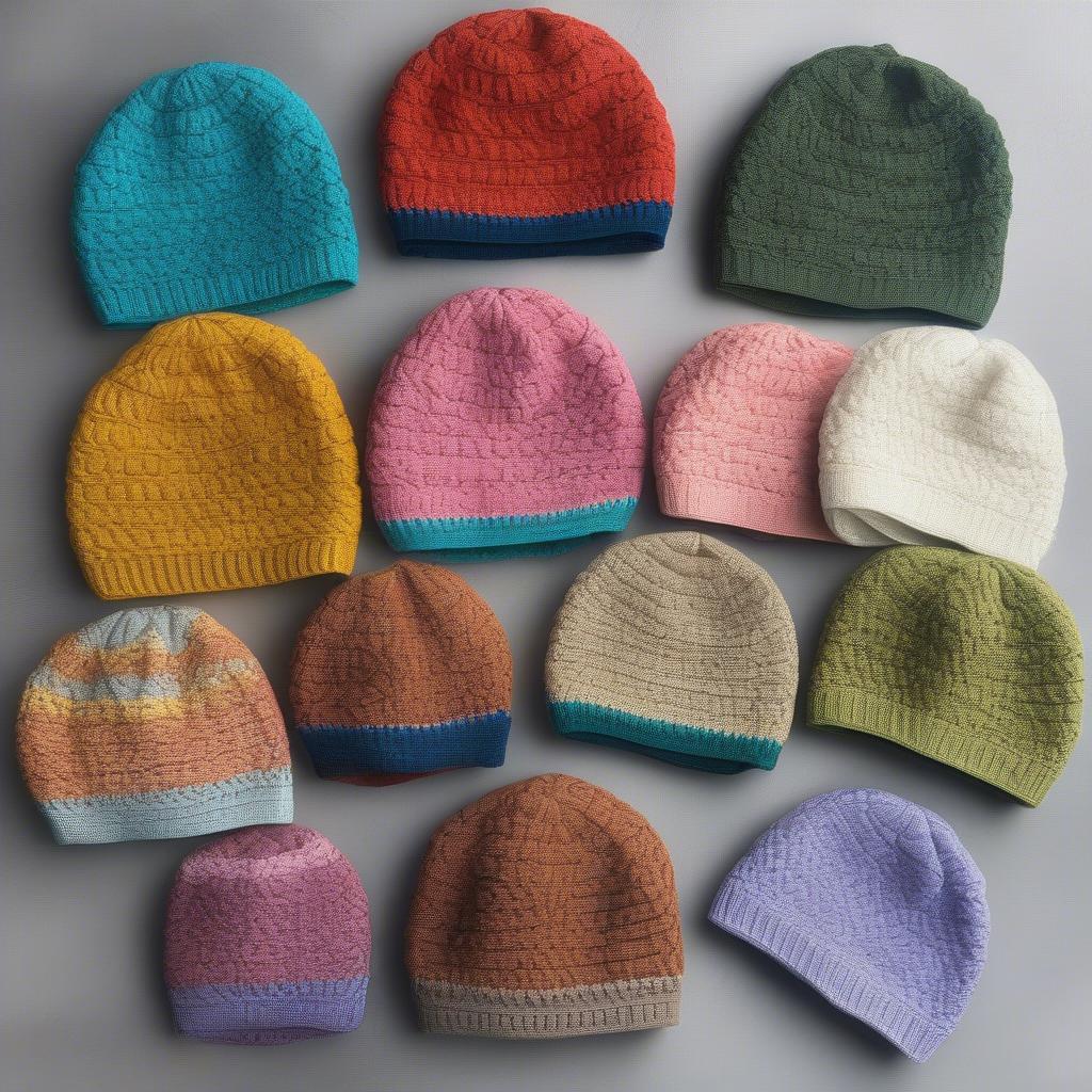 A collection of finished basket weave crochet hats in various styles, colors, and yarn weights.