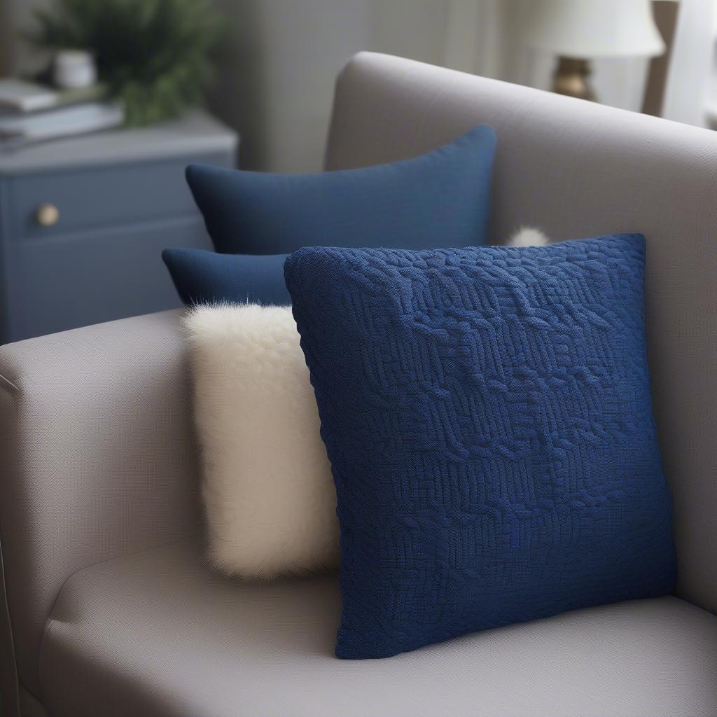 A completed basket weave knit pillow resting on a sofa.