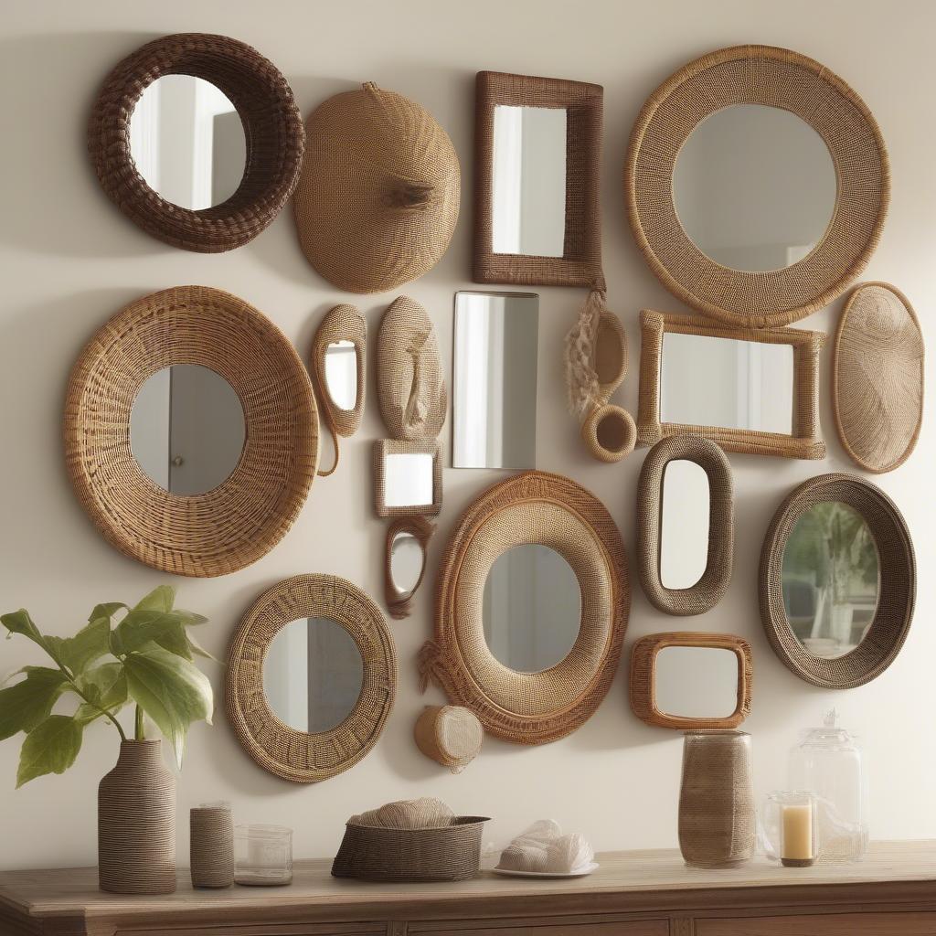 Finished Basket Weave Mirror: Examples of finished mirrors with woven frames, showcasing different patterns and materials.