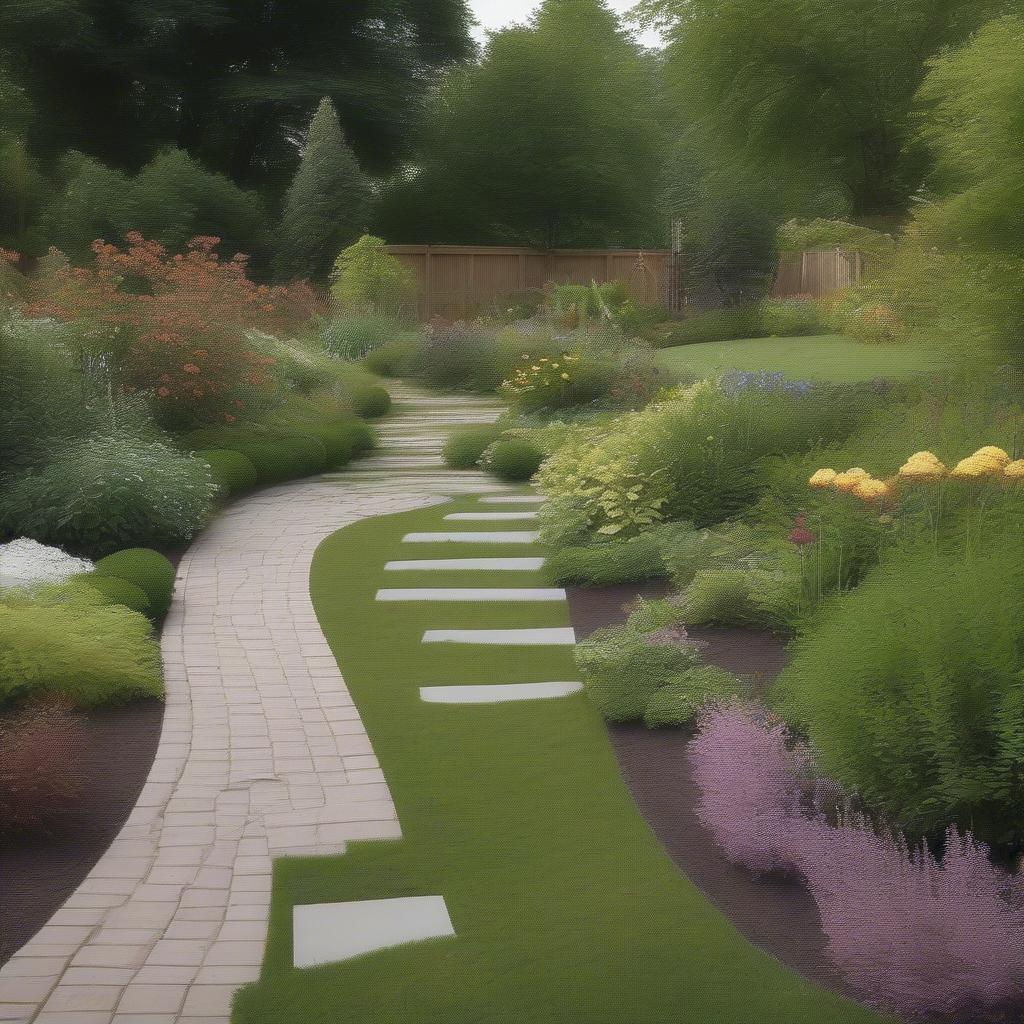 A completed basket weave pathway adorned with vibrant plants and flowers.