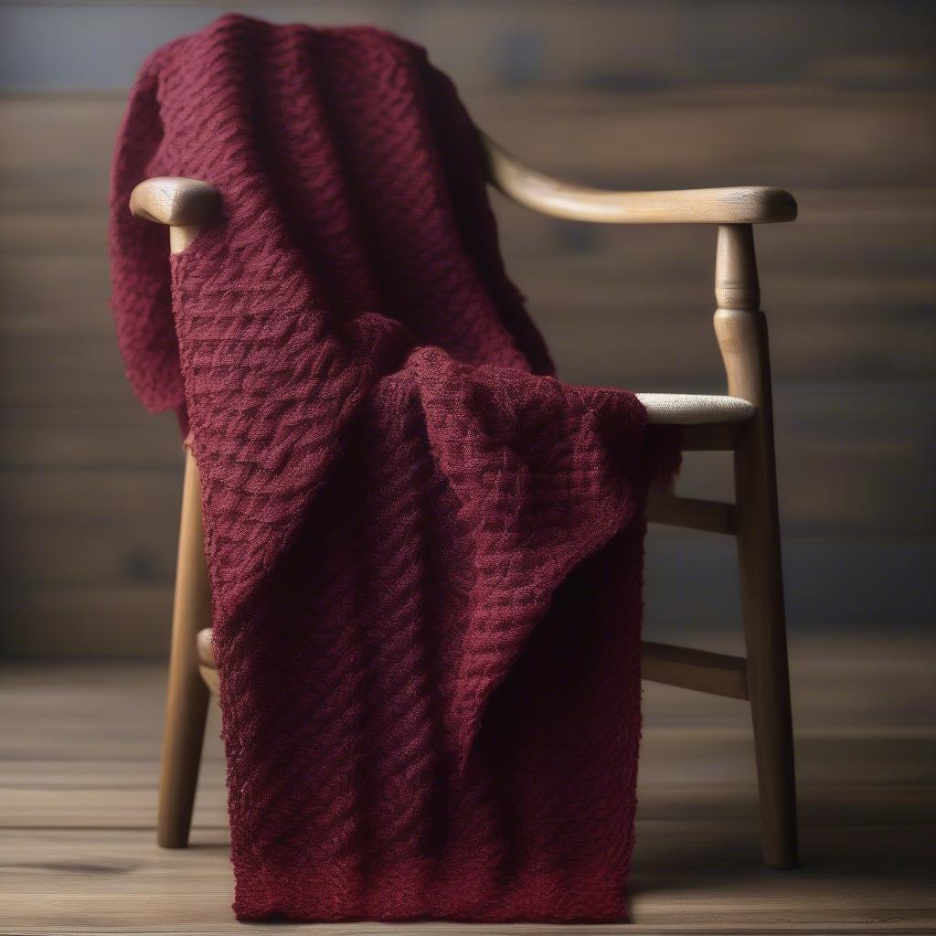 A finished basket weave knit scarf draped over a chair.