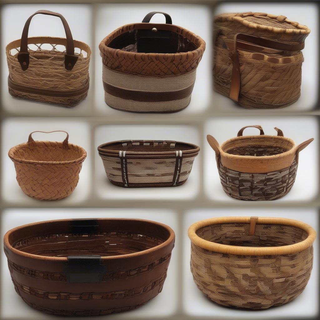 Several finished bull belt baskets in different styles and sizes, showcasing the versatility of the craft.