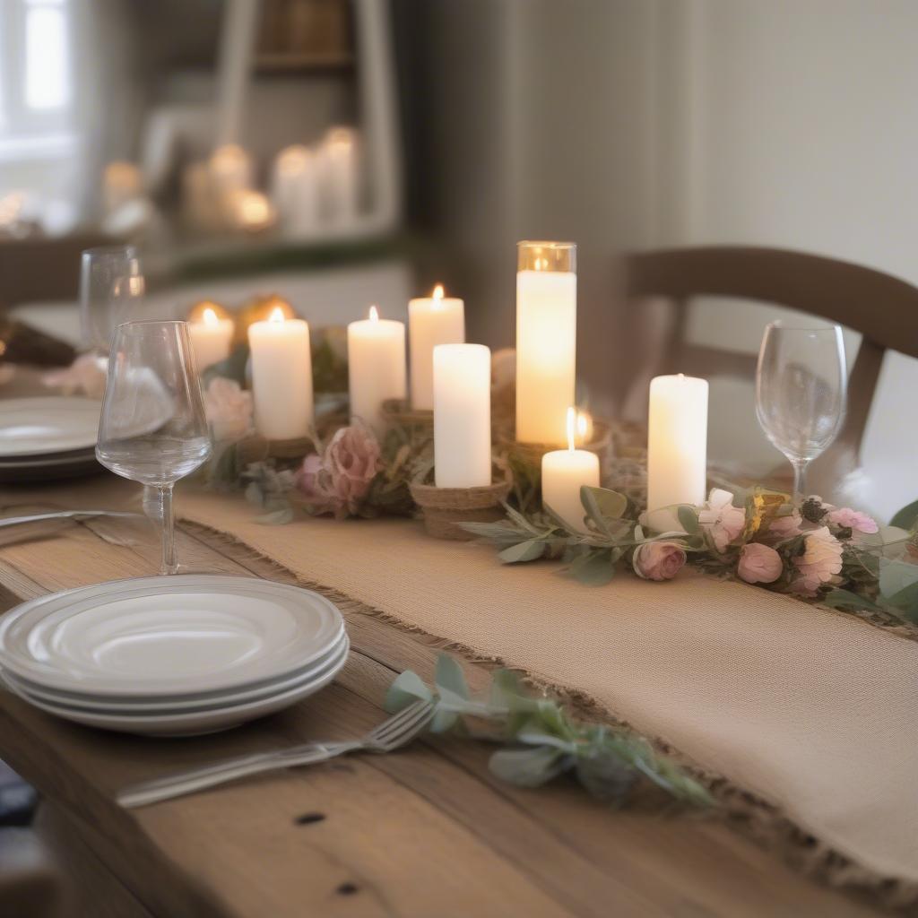 A finished burlap table runner with woven ribbon displayed on a table.