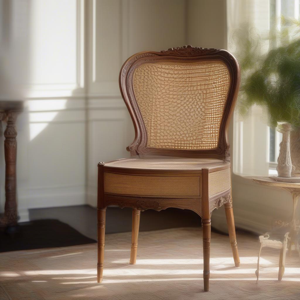 A beautifully restored chair with a newly woven cane back, placed in a well-lit setting.