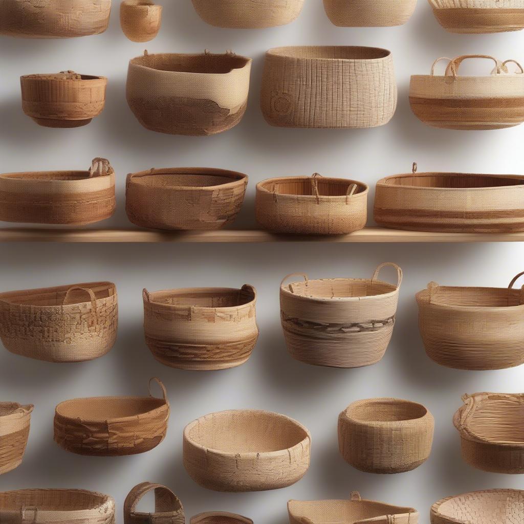 Display of completed cedar baskets in diverse shapes and sizes.