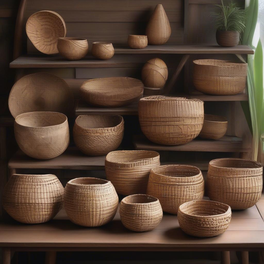 Variety of finished coconut leaf baskets