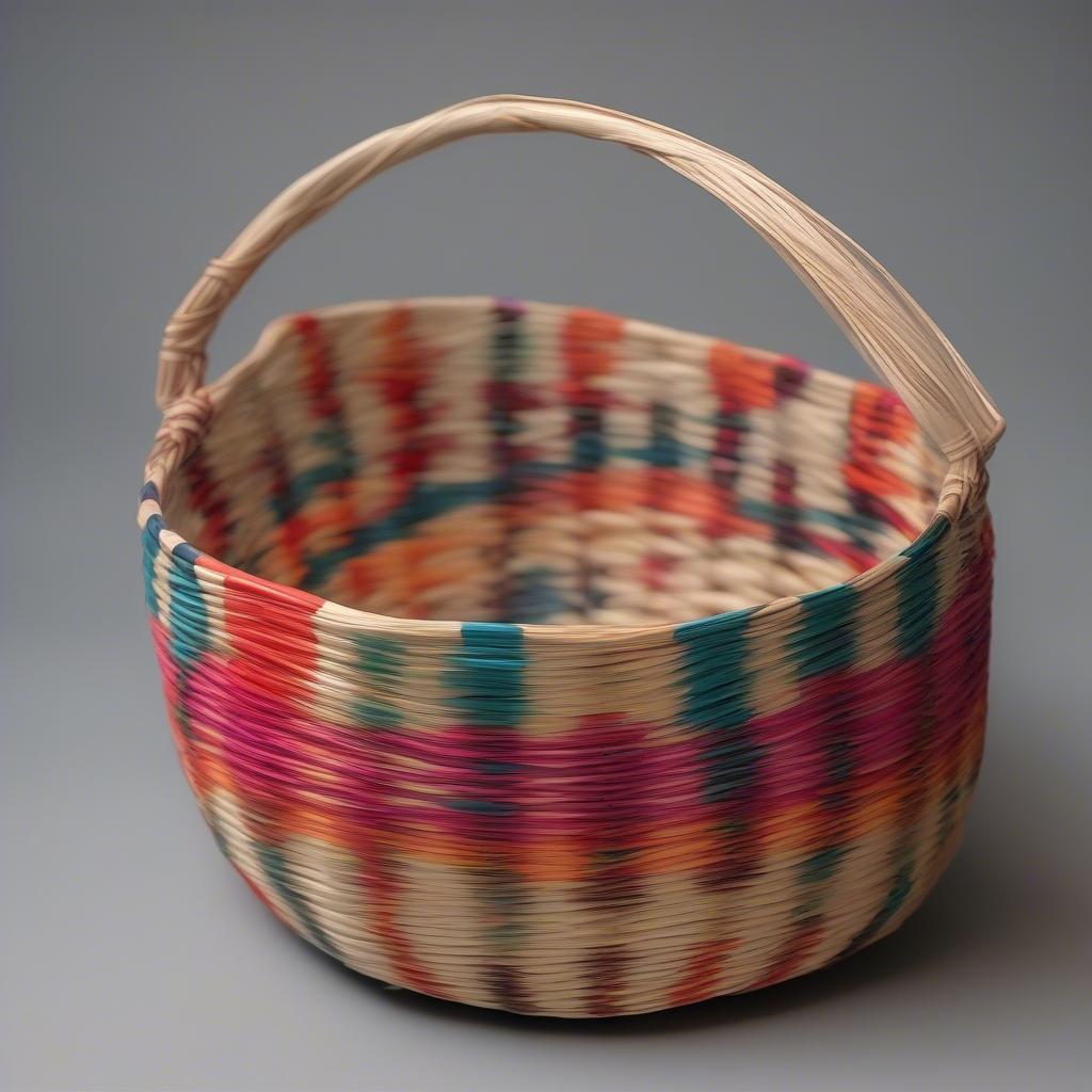 A completed basket woven with colored round reeds