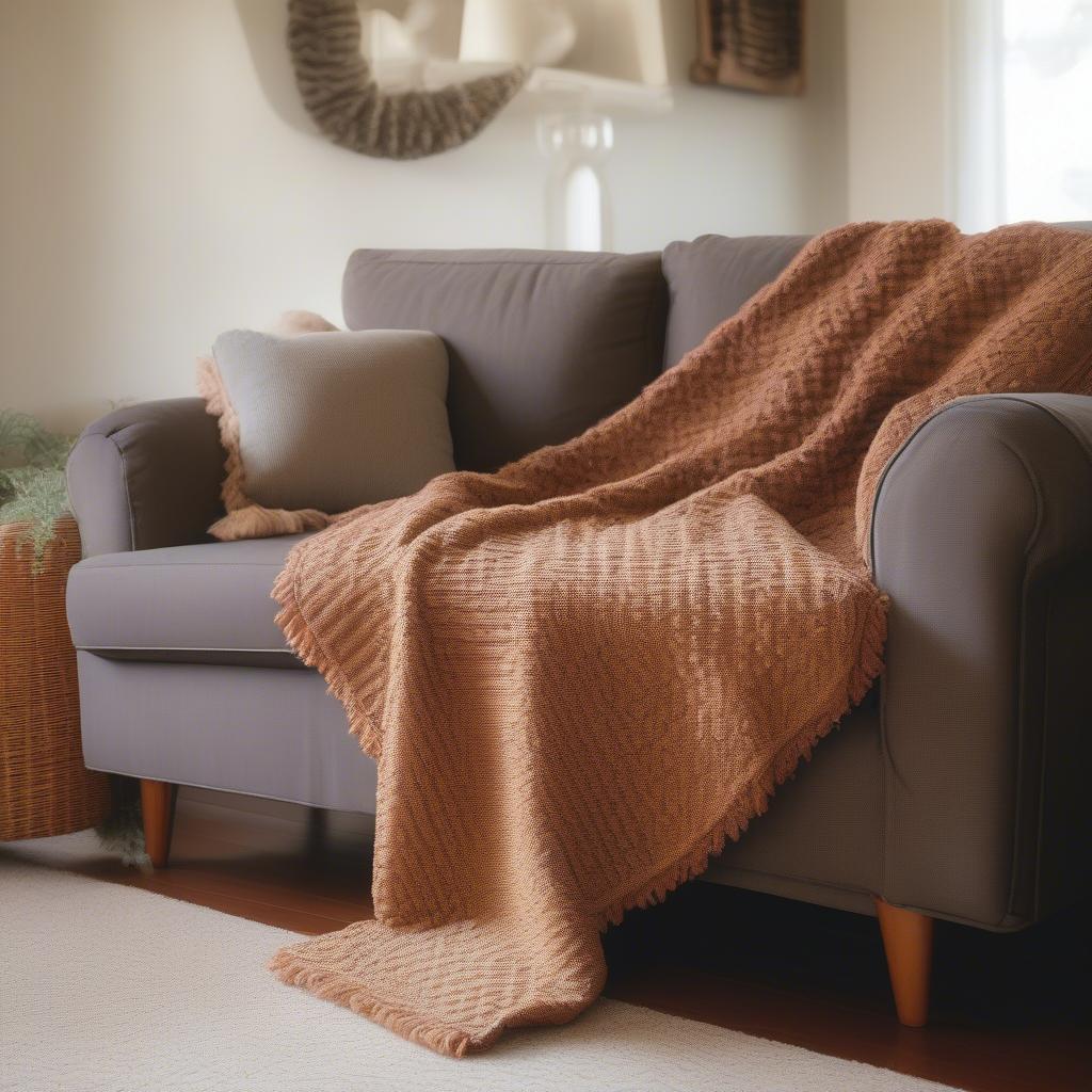 Completed Basket Weave Afghan Draped on a Sofa