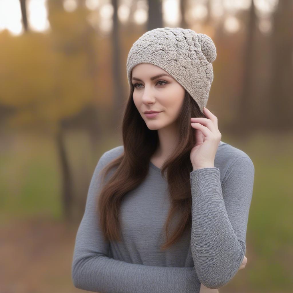 A model wearing a finished crochet basket weave slouchy hat, showcasing its fit and style.