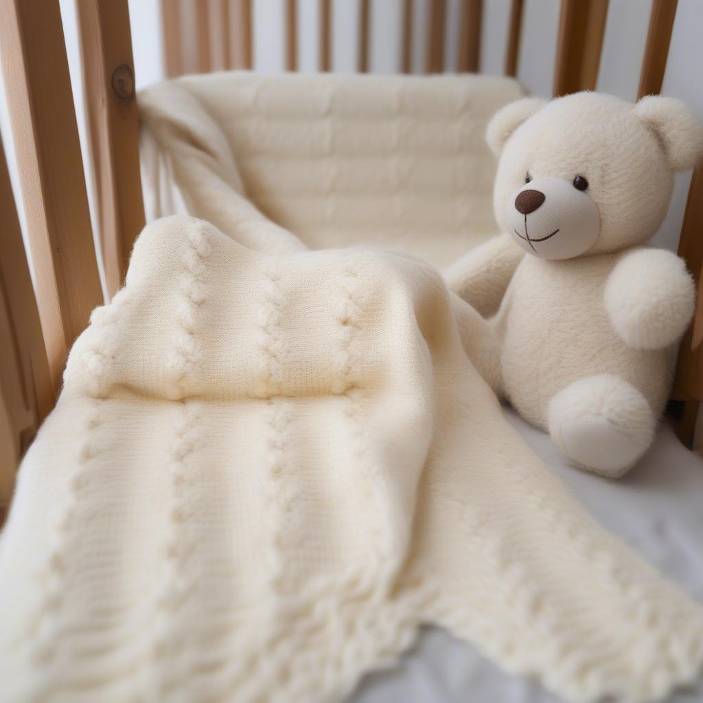 A completed double basket weave baby blanket draped over a crib.