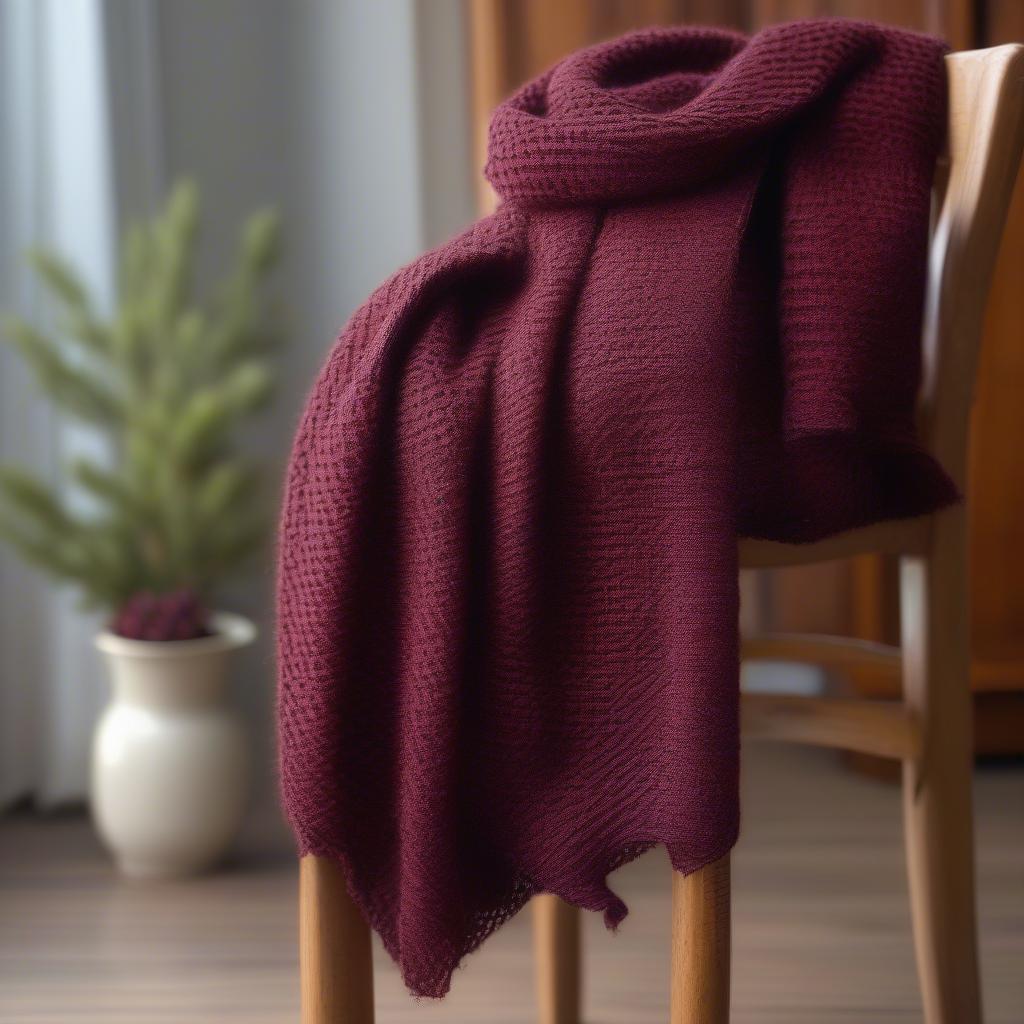 A completed flannel basket weave knit scarf draped over a chair