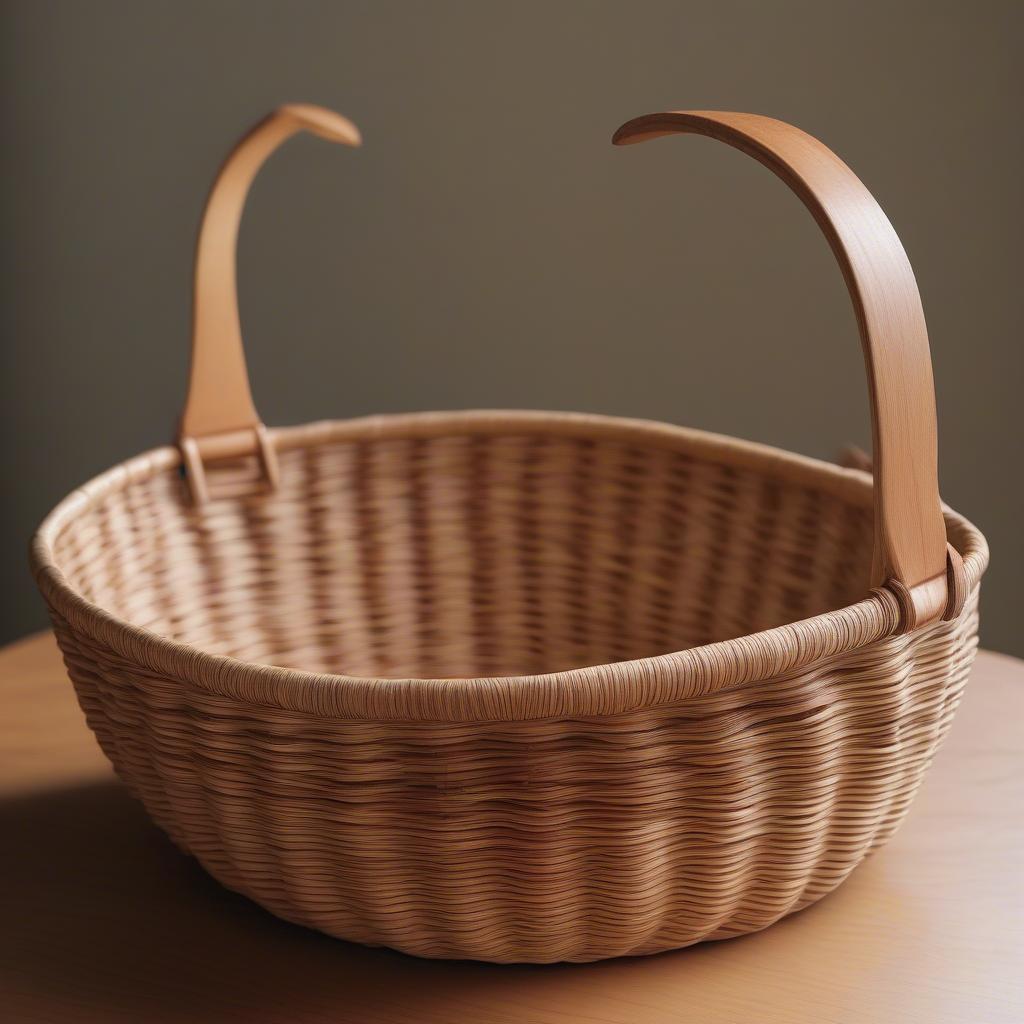 A completed French randing basket with a wooden handle, showcasing the intricate weave and craftsmanship.