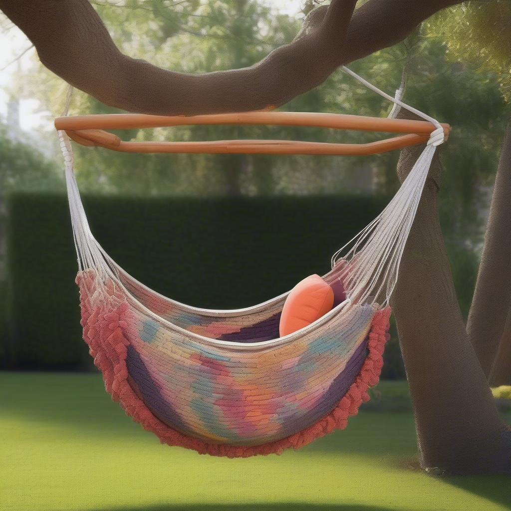 A completed hammock basket with comfortable cushions.