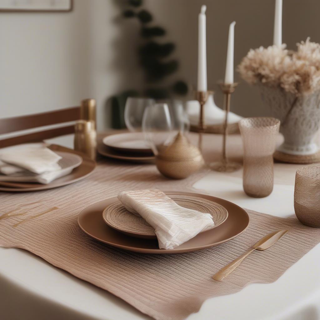 A complete set of finished handwoven table linens, showcasing the elegance and artistry achieved through handweaving techniques.