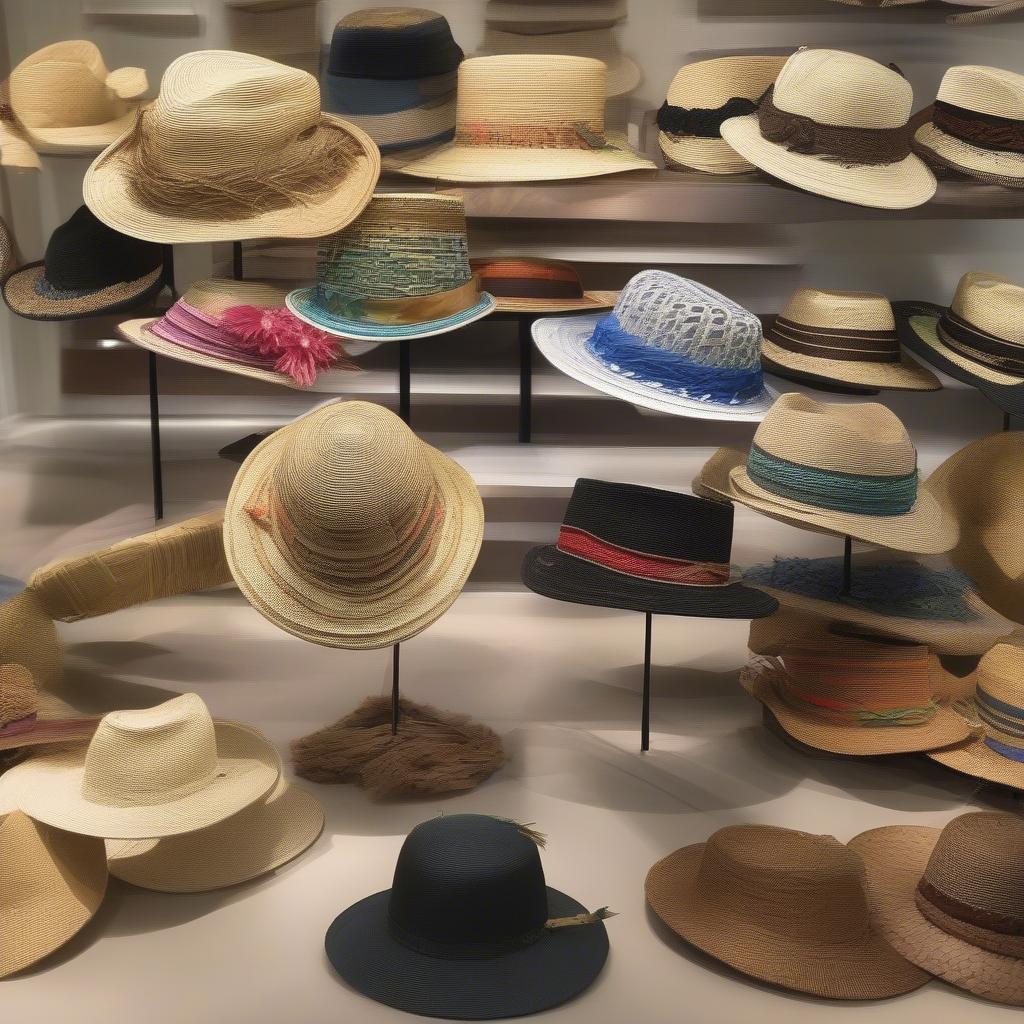 A display of finished Hawaiian hats in various styles and colors, showcasing the versatility of the craft.