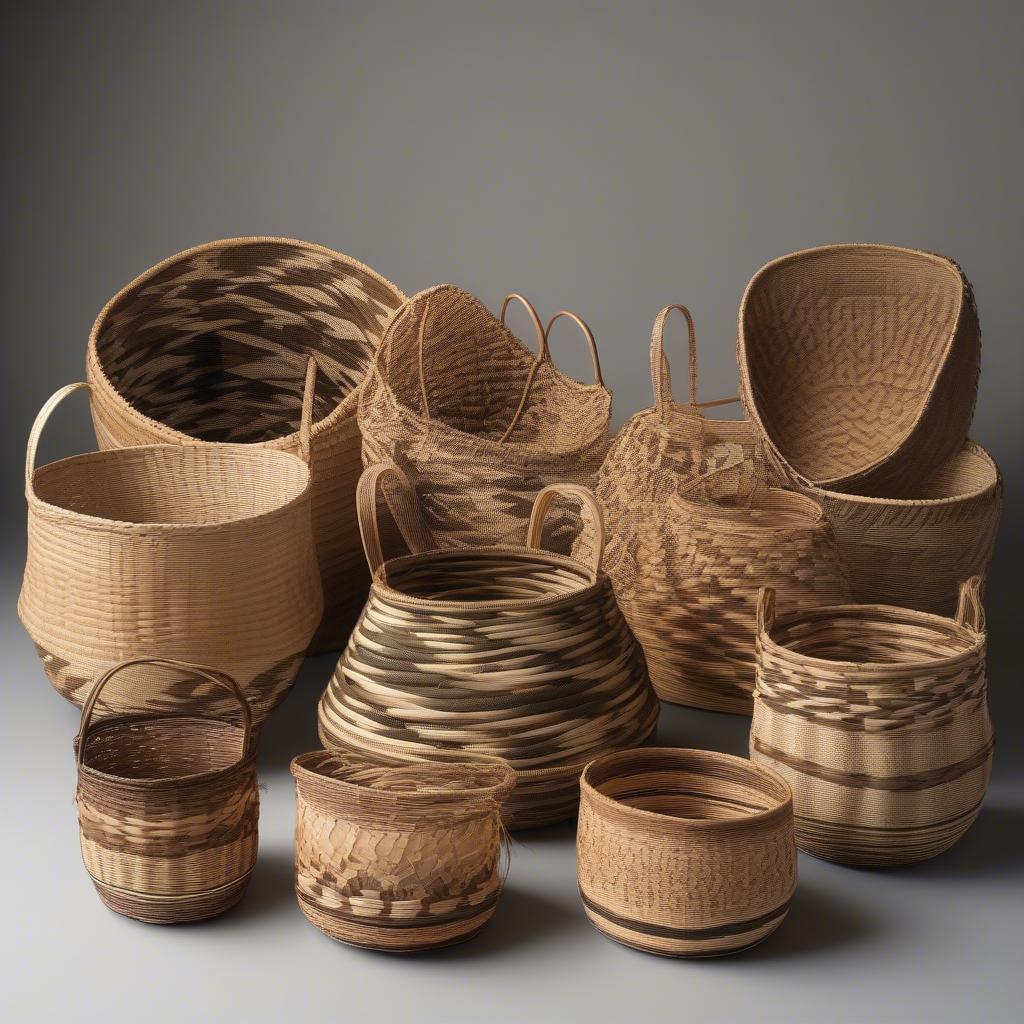 Finished honeysuckle baskets in various shapes and sizes.