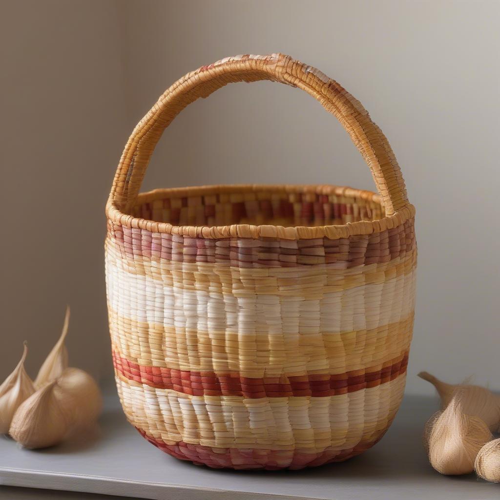 A completed Indian corn husk basket, showcasing the vibrant colors and intricate weaving pattern.