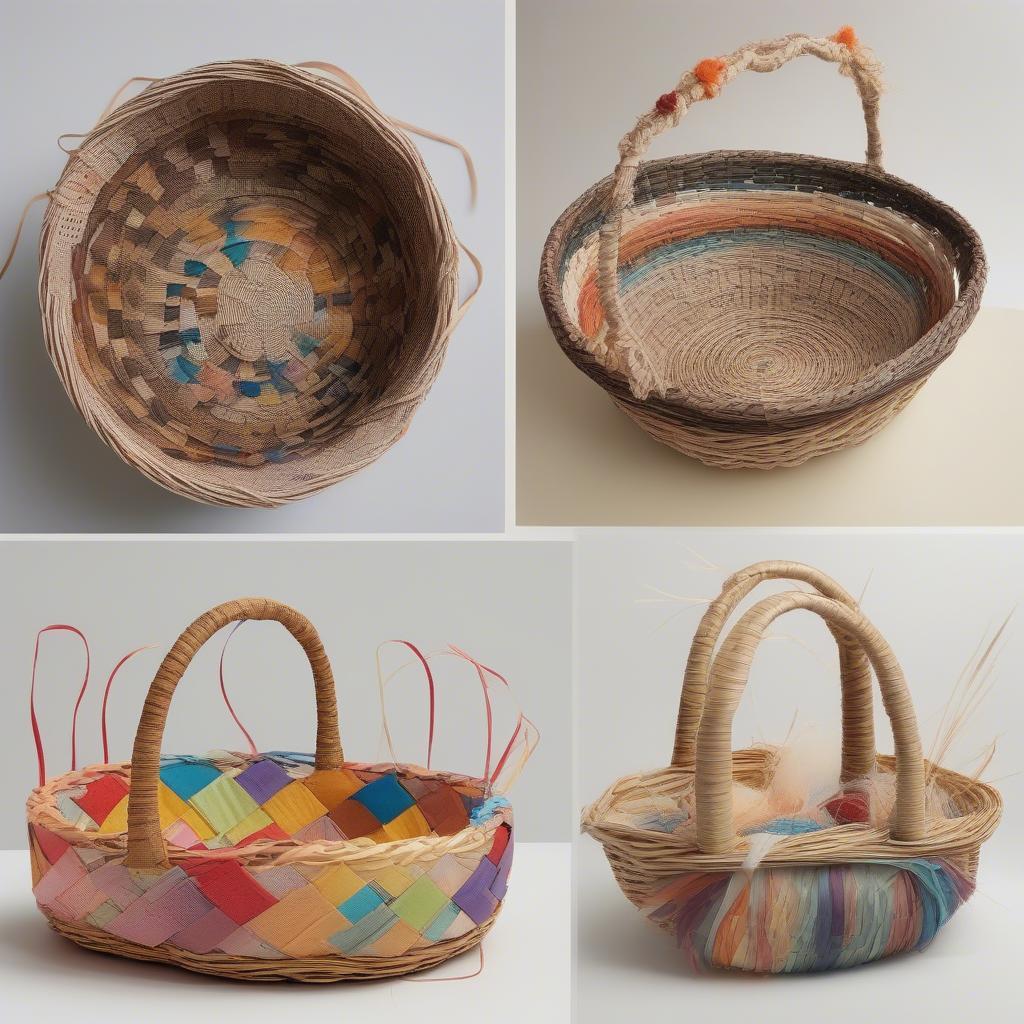 A display of completed children's basket weaving projects in various shapes and sizes.