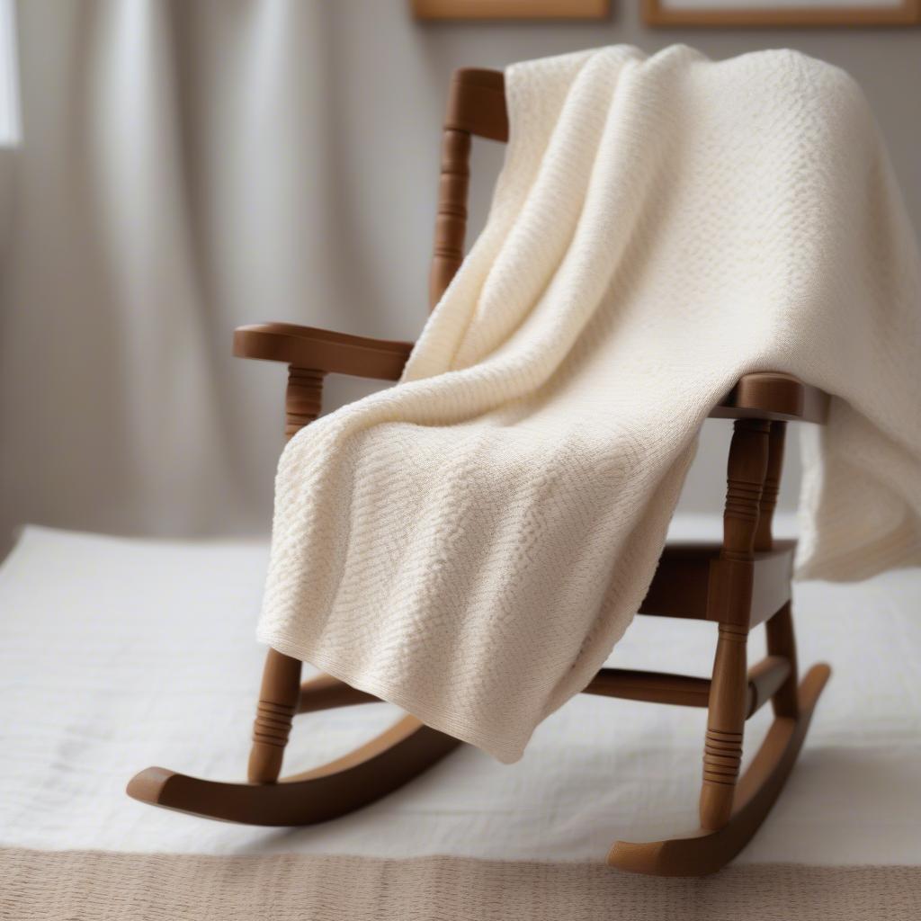 A completed knitted basket weave baby blanket draped over a rocking chair