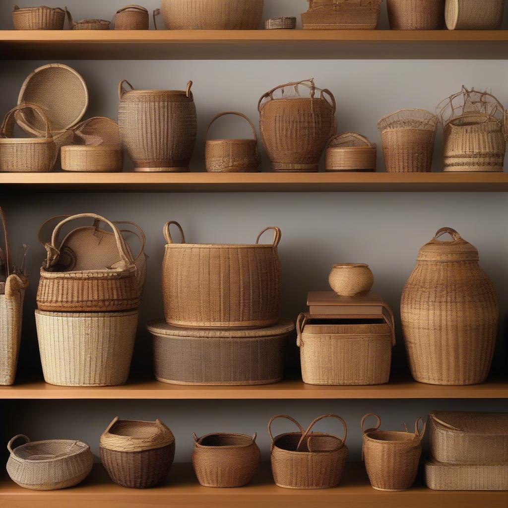 A variety of completed Nantucket baskets on display