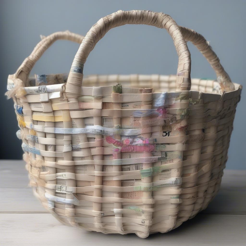 Finished Newspaper Basket with Handles