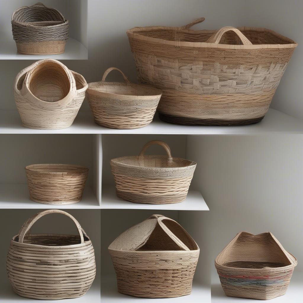 Examples of completed newspaper baskets in various shapes, sizes, and colors, showcasing the potential of this craft.