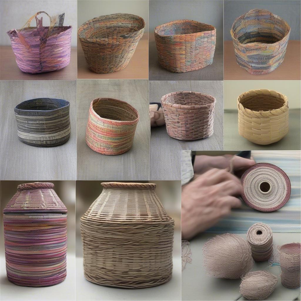 Variety of Finished Newspaper Tube Baskets