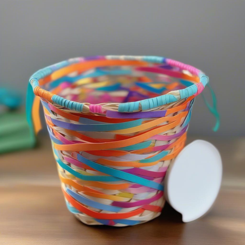 A completed paper cup basket decorated with ribbons and beads.