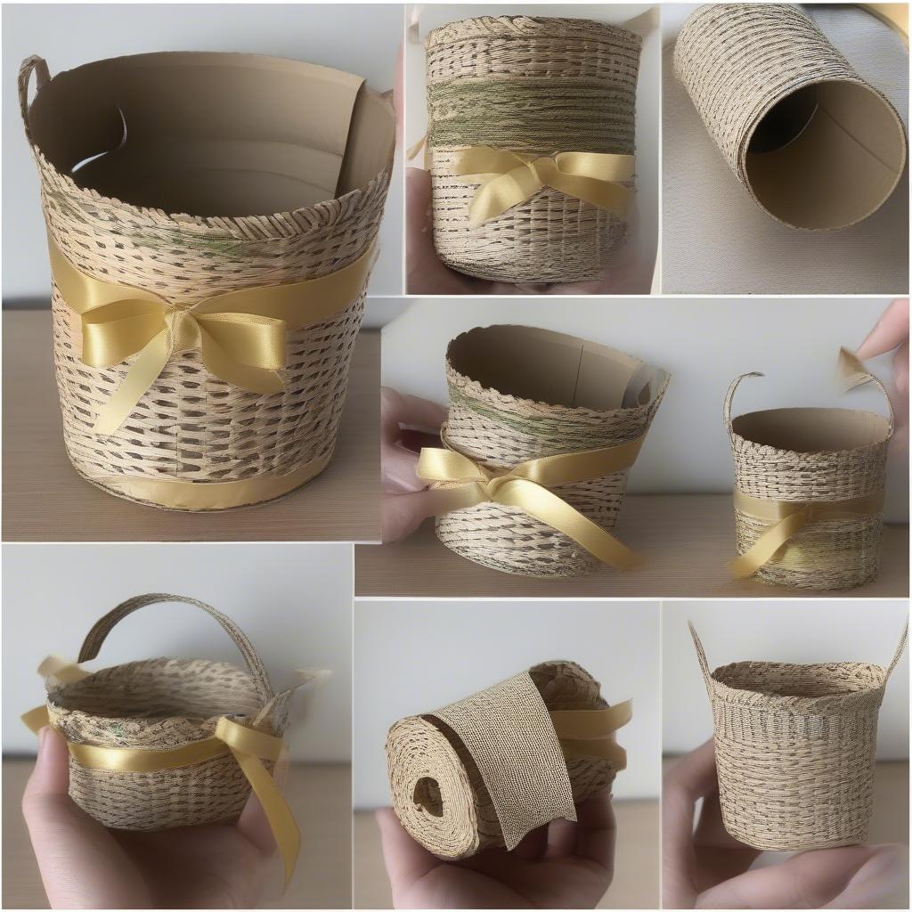 A finished paper roll basket, decorated and ready for use