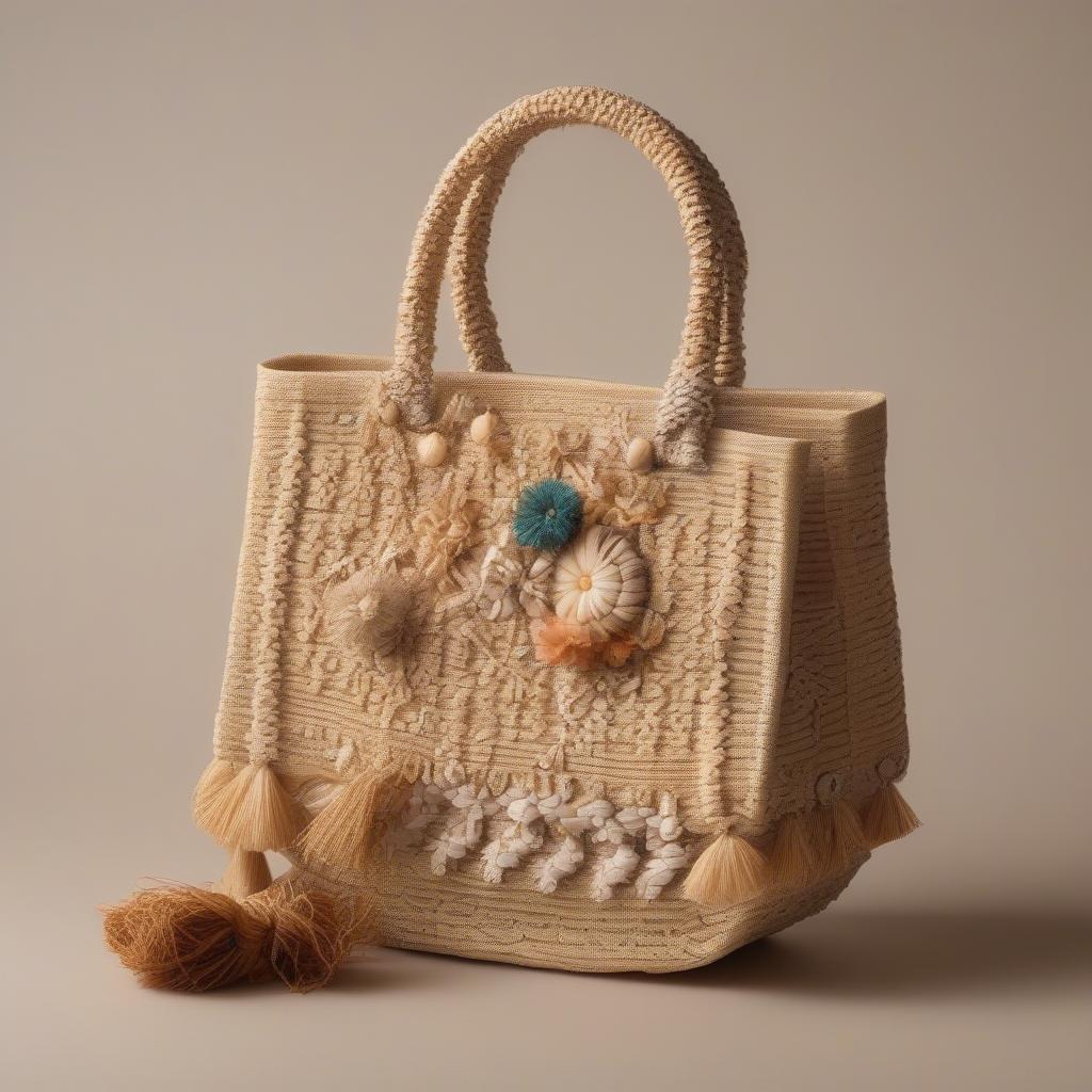 A completed raffia bag with handles and embellishments.