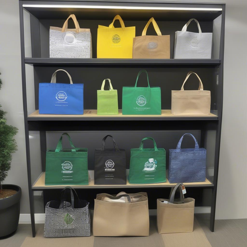 Finished recycled non-woven bags in a variety of styles, colors, and sizes.