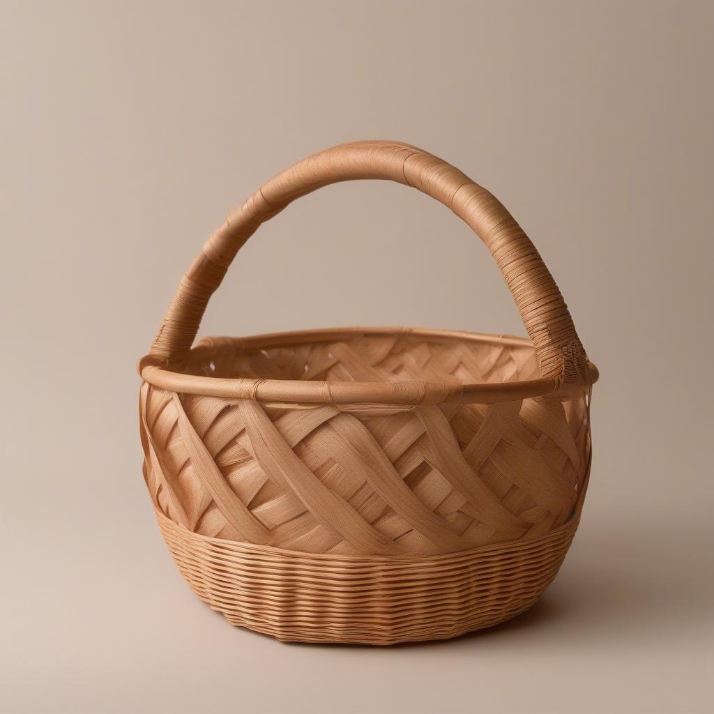 A finished round wooden basket with a handle, demonstrating the beauty and functionality of the round wooden basket weave pattern.