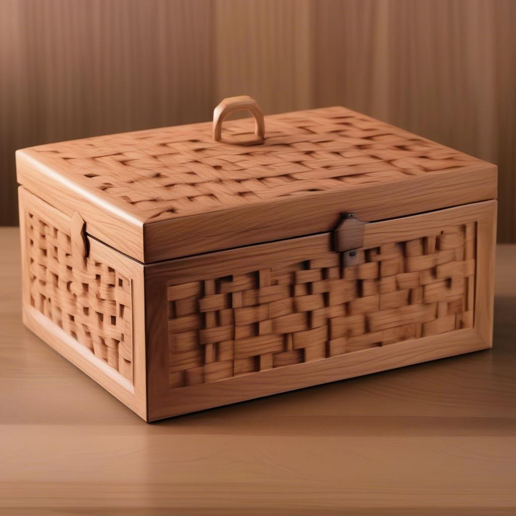 A beautifully crafted wooden box featuring a scroll saw basket weave pattern.