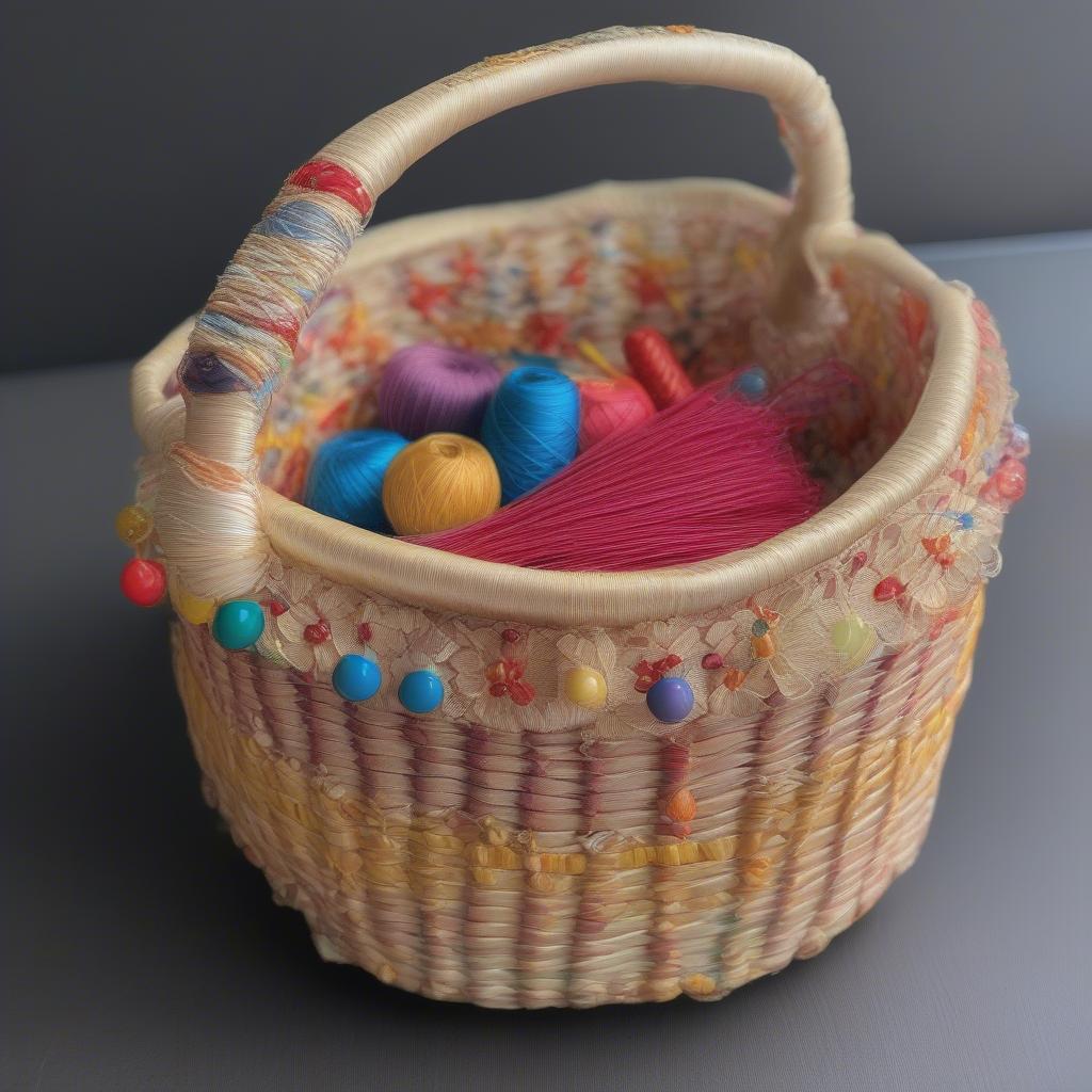 Finished Straw Basket with Decorative Elements