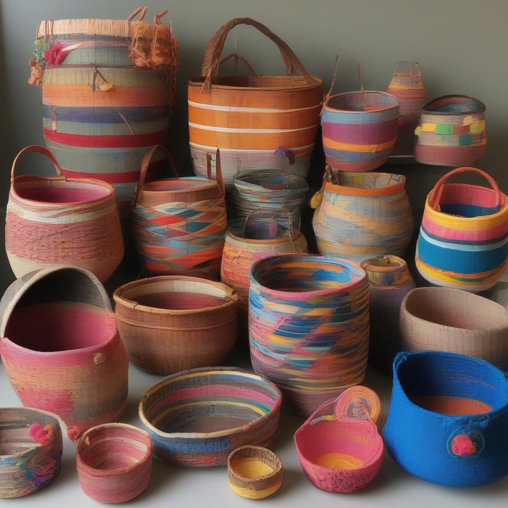 Examples of completed basket weaving projects by middle school students