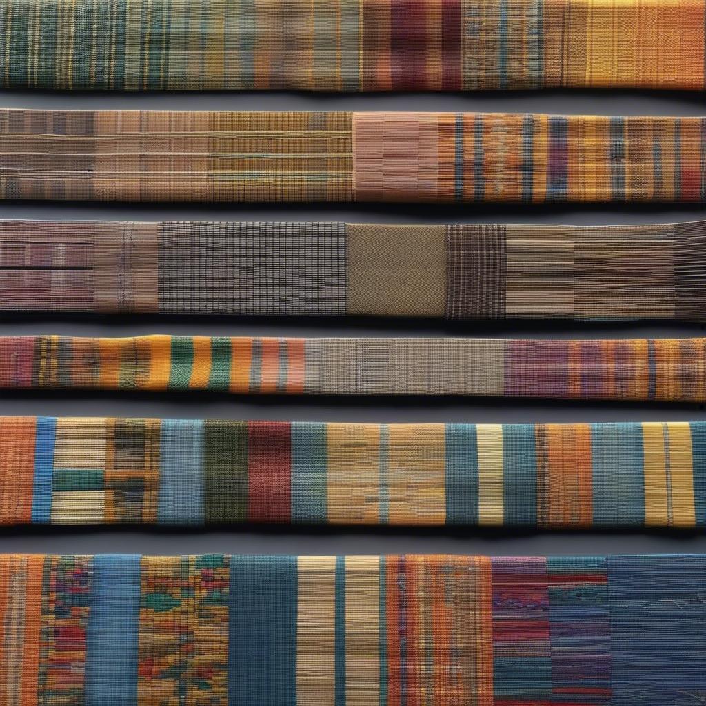 A variety of colorful and intricately patterned bands created using table weaving techniques