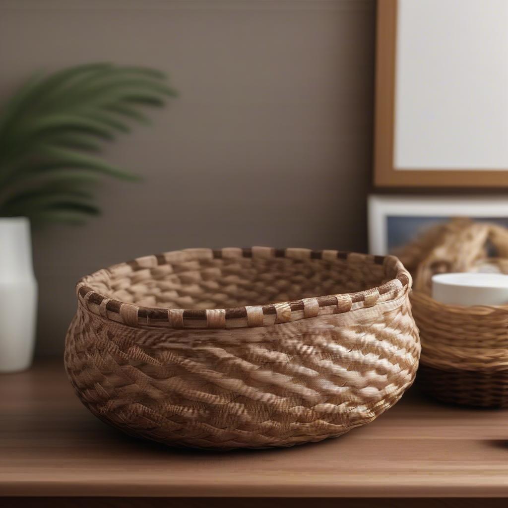 A completed basket showcasing the beautiful temptations basket weave pattern, placed in a home setting.