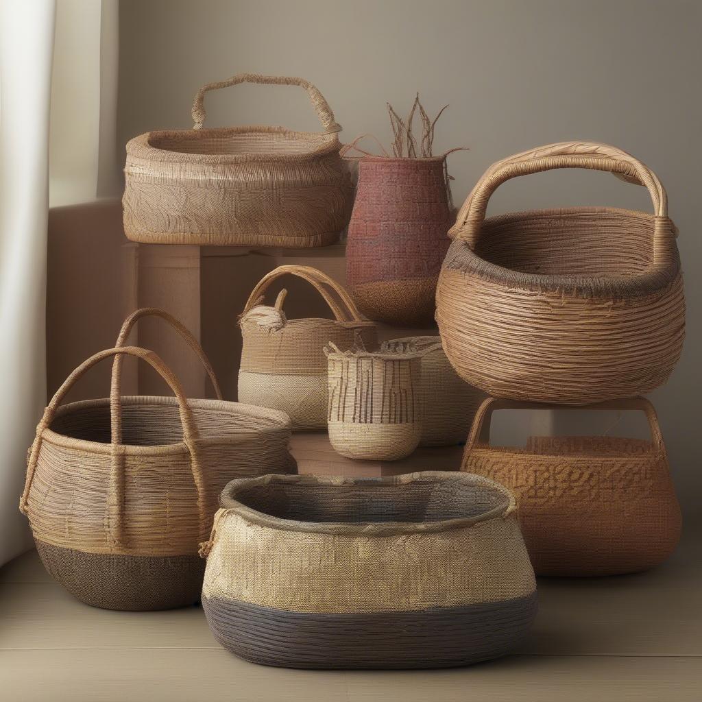 Display of finished traditional woven baskets in various shapes, sizes, and patterns.