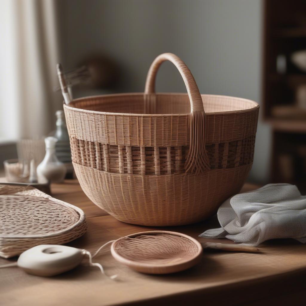 A finished wicker basket on display.