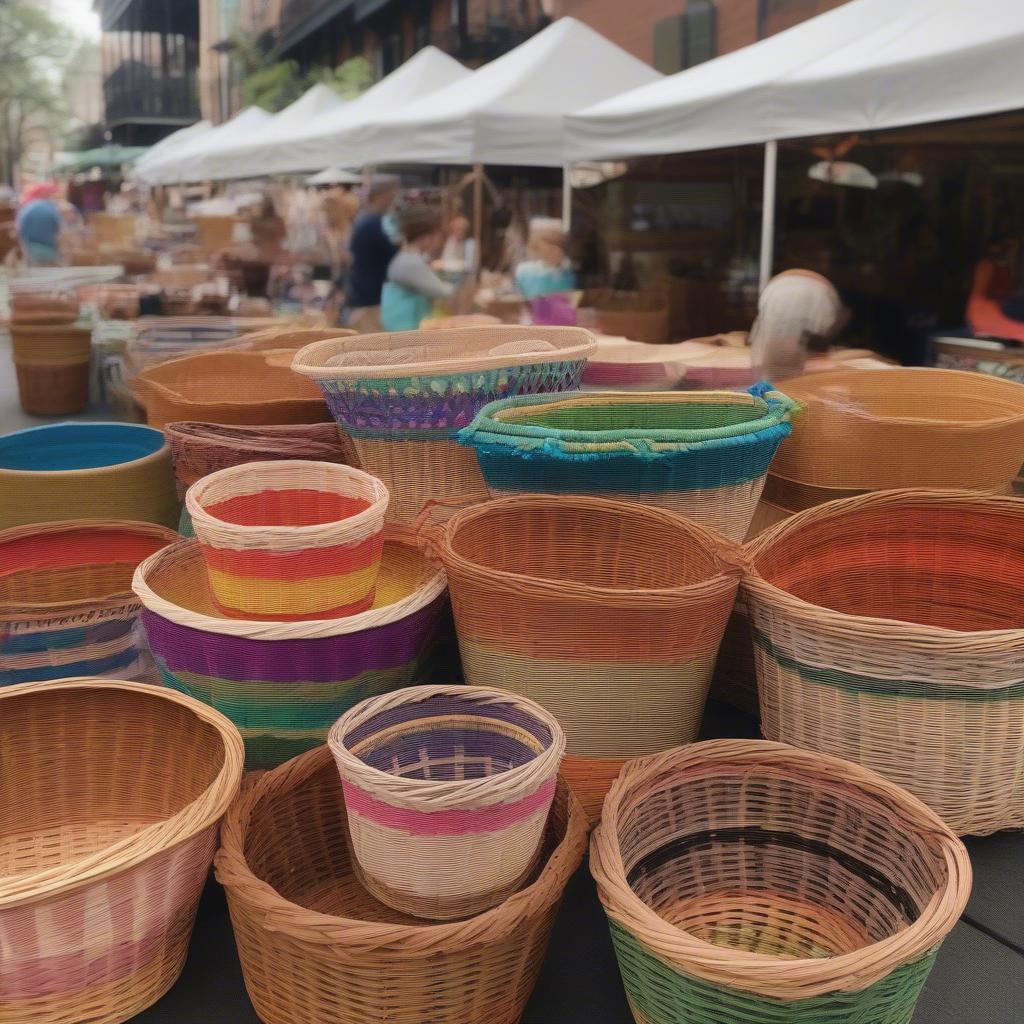 Display of intricately woven wicker baskets at a New Orleans craft market