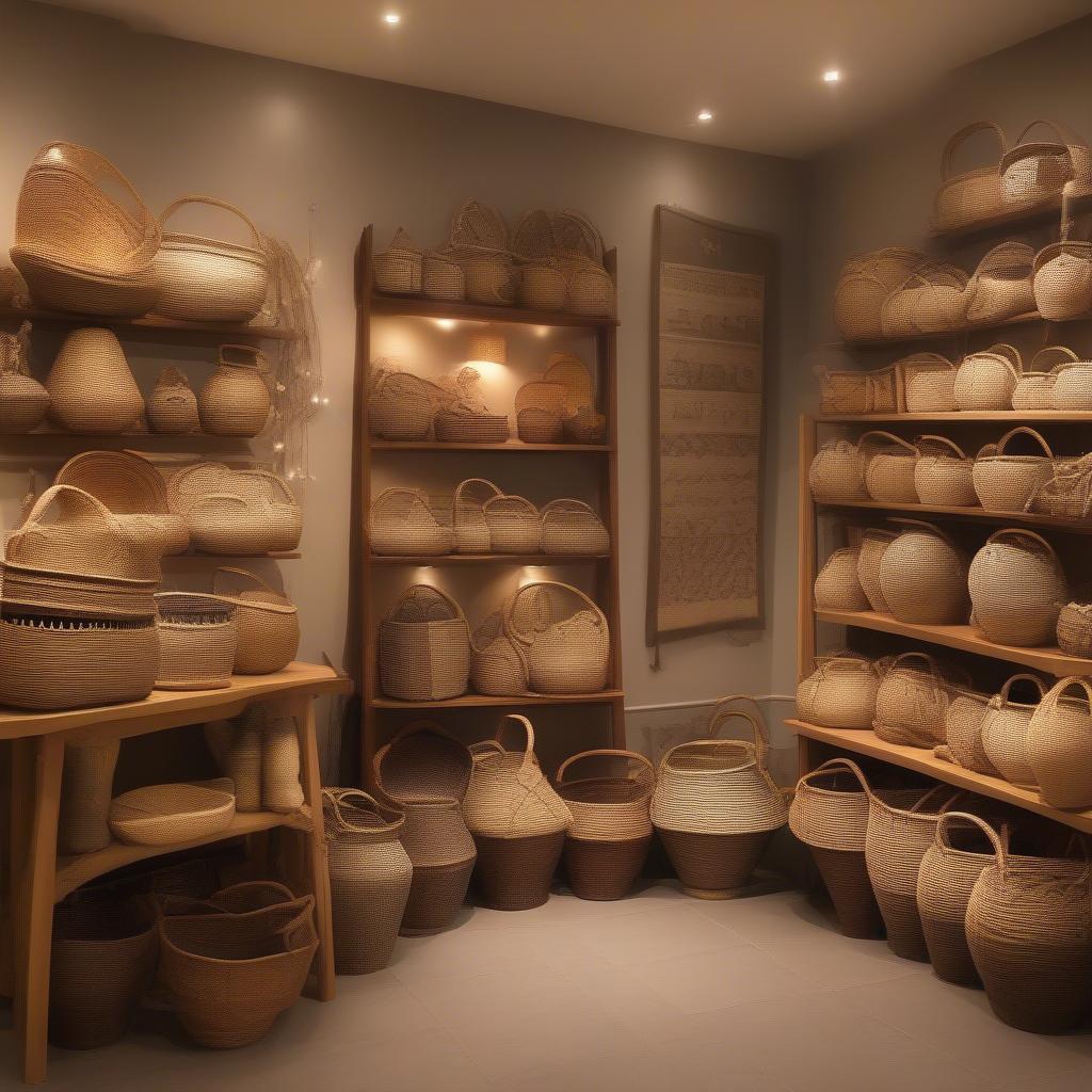 Display of completed woven baskets in a Wicklow craft shop