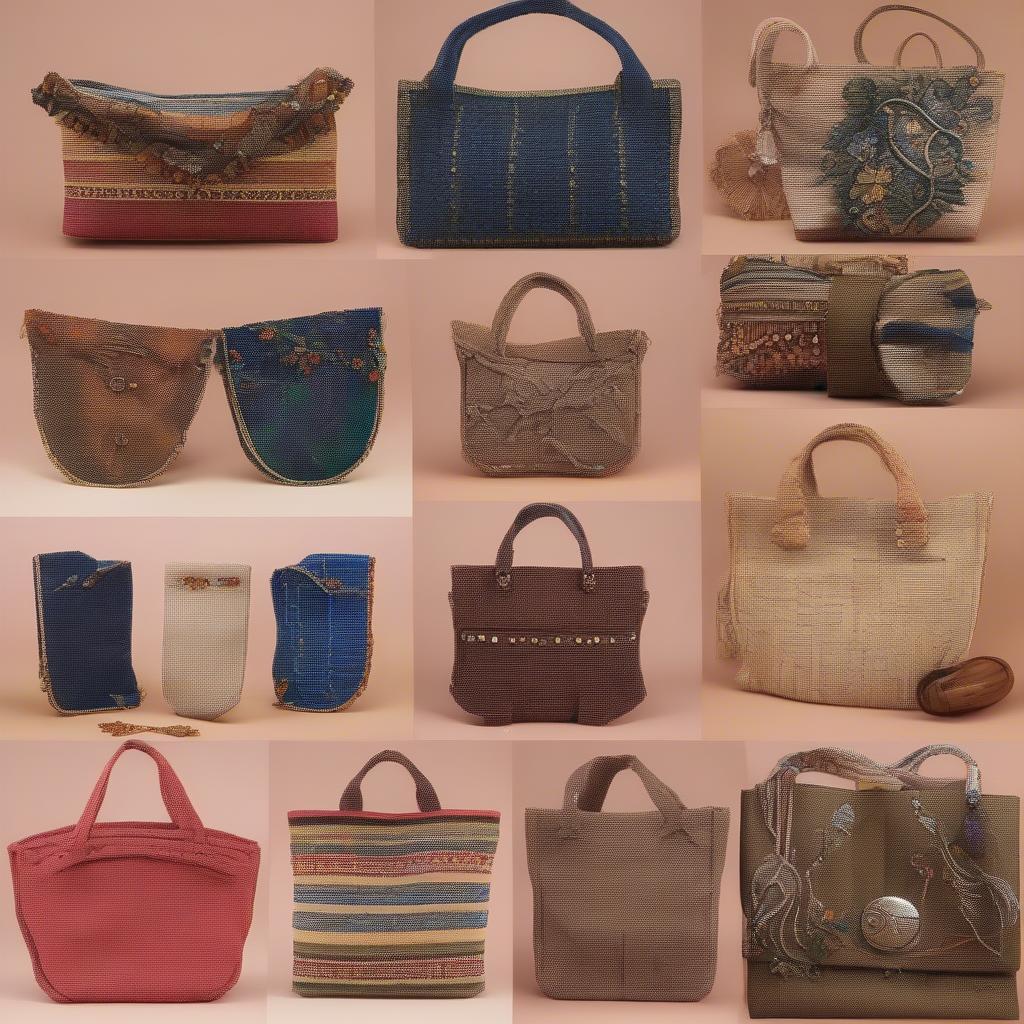 Finished Woven Bags: Examples of completed fabric strip woven bags with various finishing touches, including linings, pockets, closures, and embellishments.