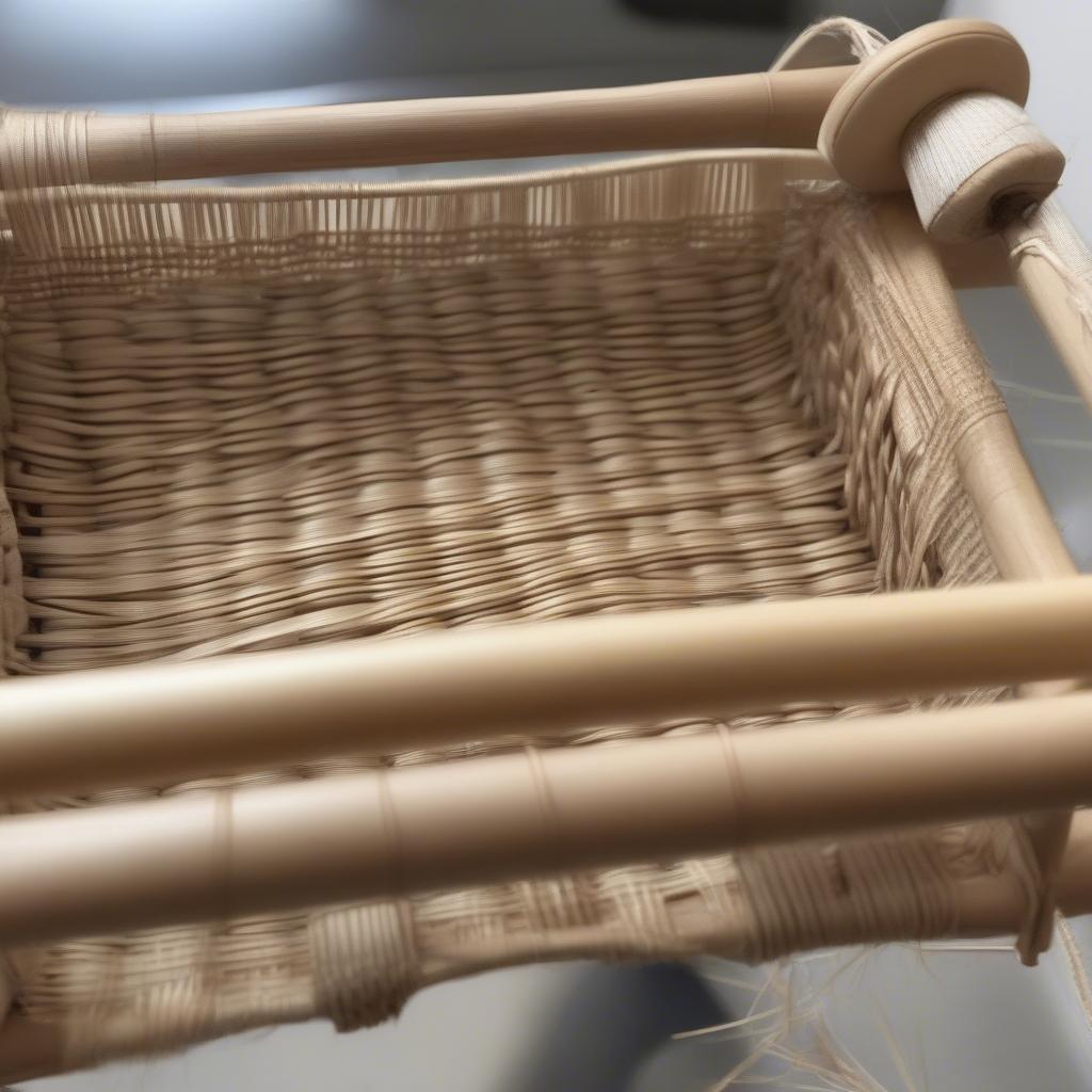 A completed woven basket on a loom